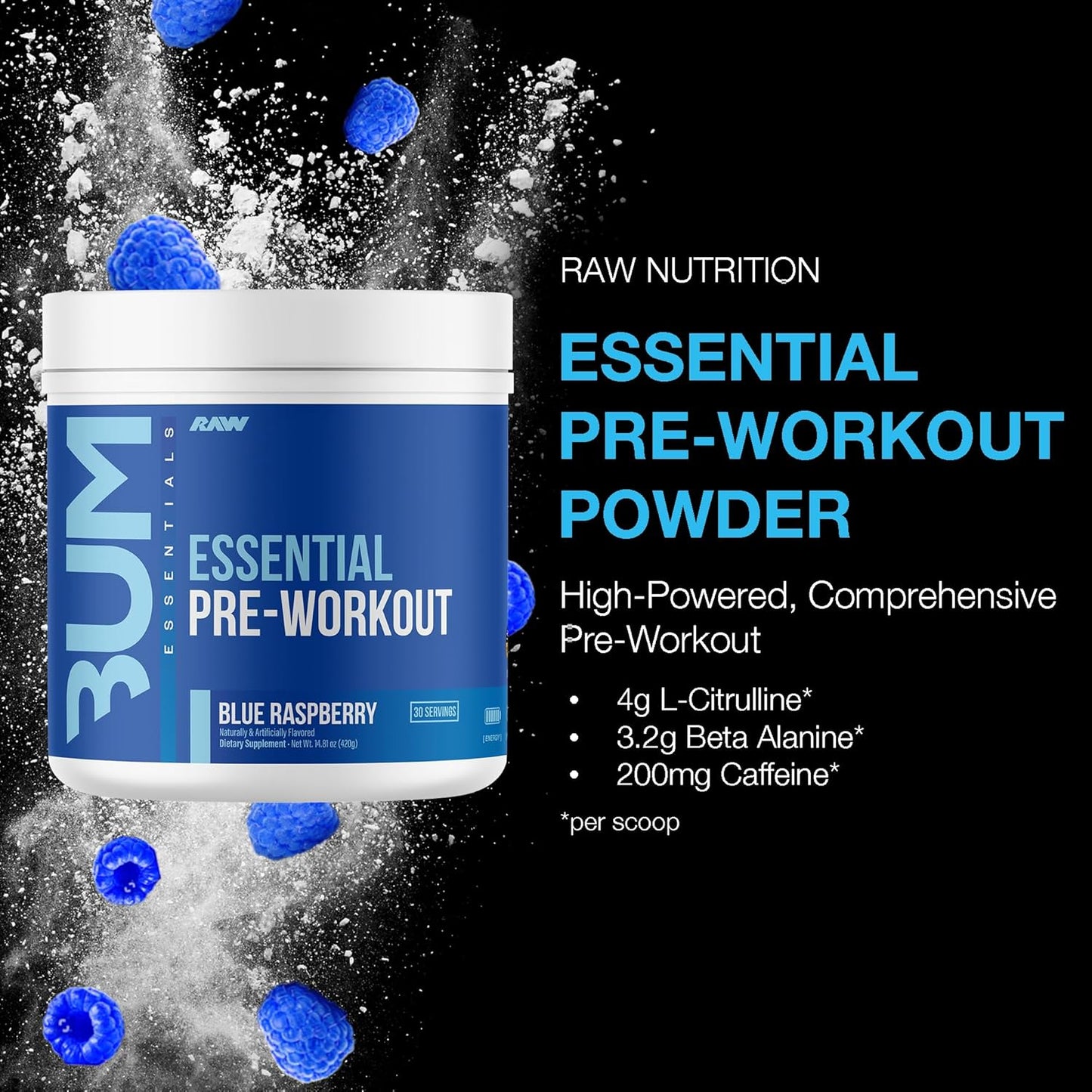 Raw cbum essential pre workout pre entrenamiento 30 servicios sabor blue raspberry