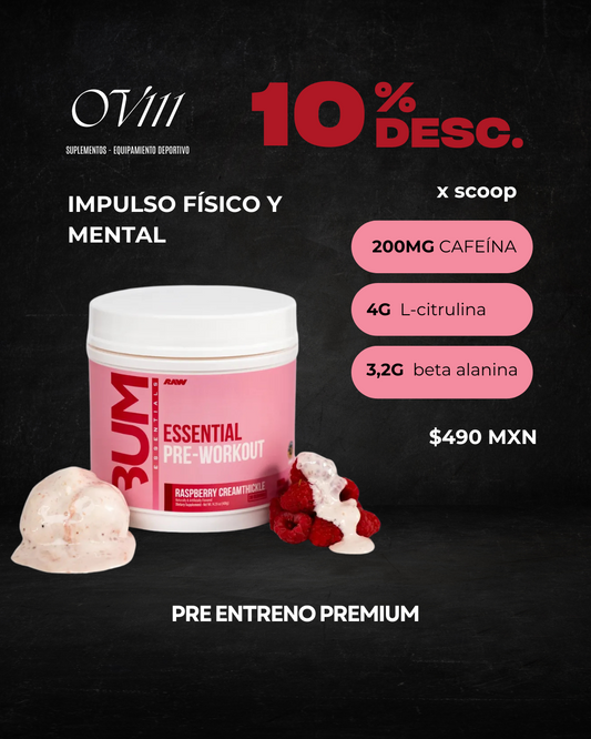 Raw cbum essential pre workout pre entrenamiento 30 servicios sabor Raspberry Creamthickle (Crema de frambuesa)