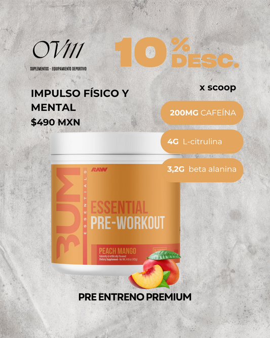Raw cbum essential pre workout pre entrenamiento 30 servicios sabor peach mango