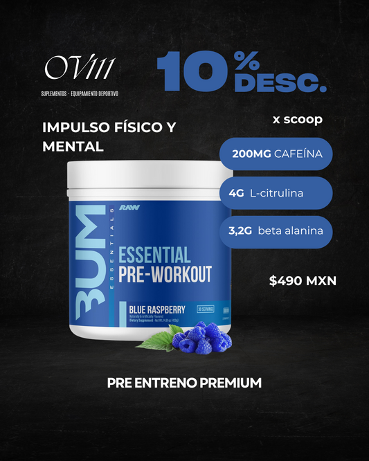 Raw cbum essential pre workout pre entrenamiento 30 servicios sabor blue raspberry