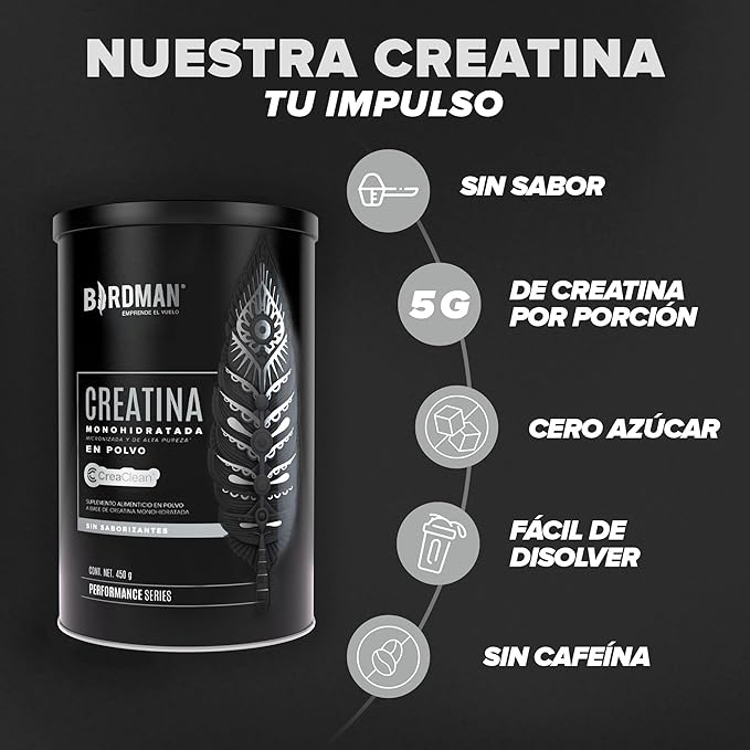 Birdman Creatina Monohidratada de Alta Pureza En Polvo Sin Sabor, Preworkout, Alto Rendimiento | 90 Servicios | 450g.