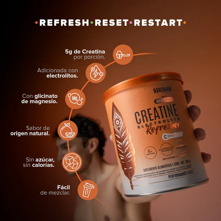 Birdman Creatine Refresher| Sabor Golden Peach | Creatina Monohidratada con Electrolitos, Magnesio y Vitaminas | Sin Azúcar, Sin Calorías | Saborizantes y Endulzantes Naturales | 30 Porciones | 300g